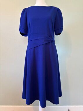 DKNY Royal Blue Bubble Sleeve Scuba Crepe A-Line Dress w/Knotted Waist Size 8